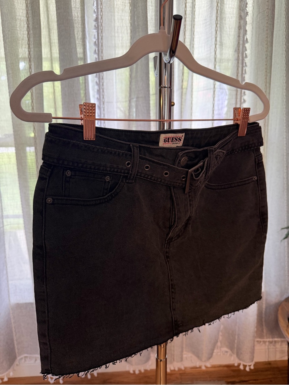 GUESS Washed Black Denim Mini Skirt with Raw Edge